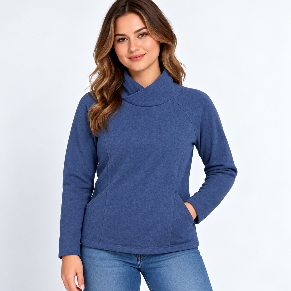 L.L.Bean Pullover Sweatshirt Women M Blue Funnel Neck Crossover Pockets 505475